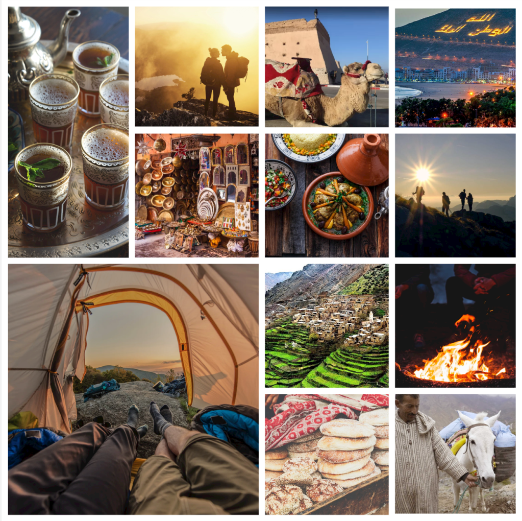 collage of photos from morocco and agadir and hiking in the atlas mountains
